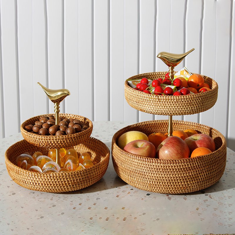 Retro Handmade Rattan Snack Double-layer Fruit Bas...