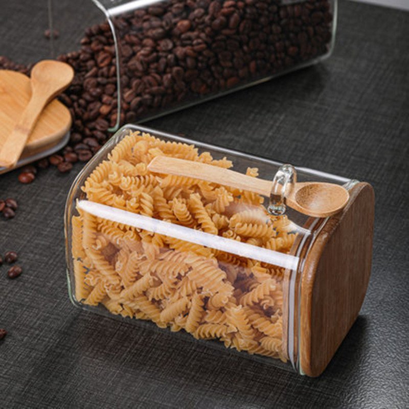 Square Glass Home Coffee Beans With Wooden Spoon Kitchen Glass Storage Jar