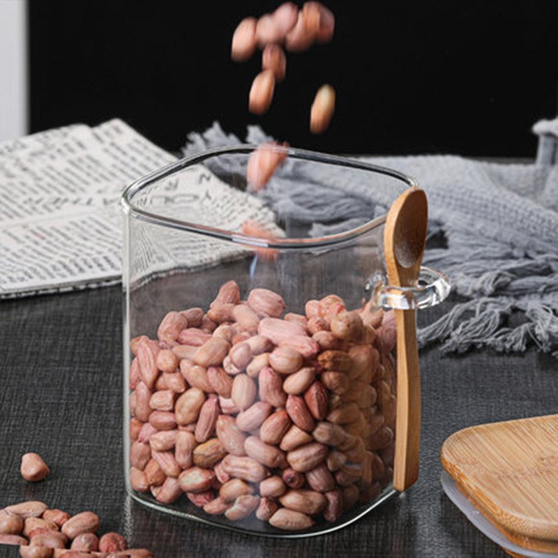 Square Glass Home Coffee Beans With Wooden Spoon Kitchen Glass Storage Jar