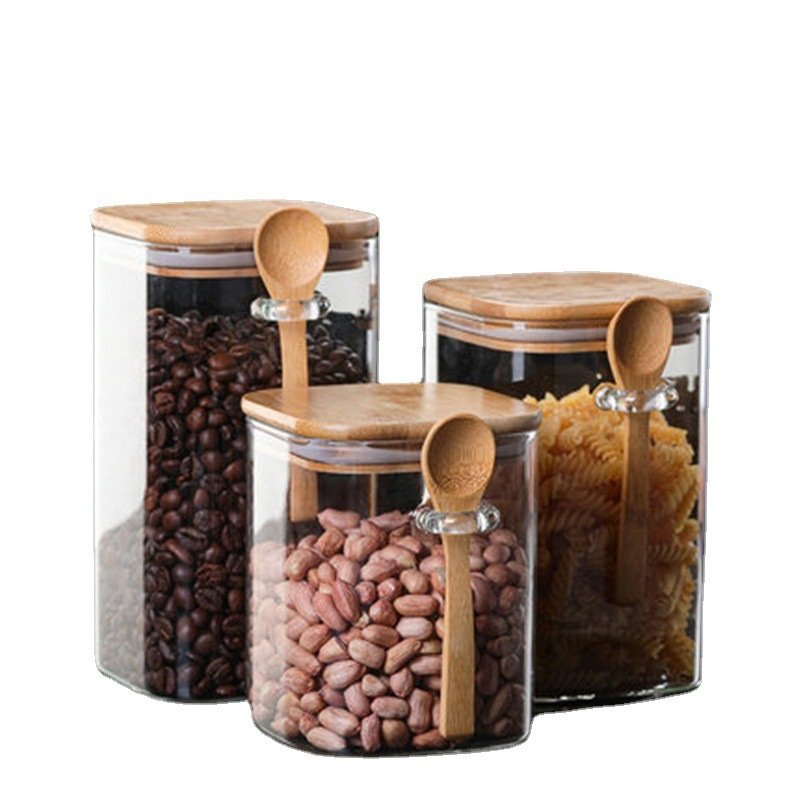 Square Glass Home Coffee Beans With Wooden Spoon Kitchen Glass Storage Jar