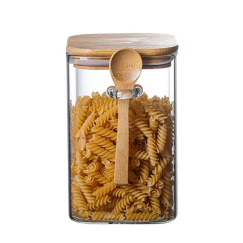Square Glass Home Coffee Beans With Wooden Spoon Kitchen Glass Storage Jar