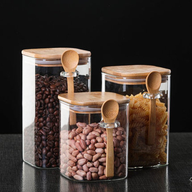 Square Glass Home Coffee Beans With Wooden Spoon Kitchen Glass Storage Jar
