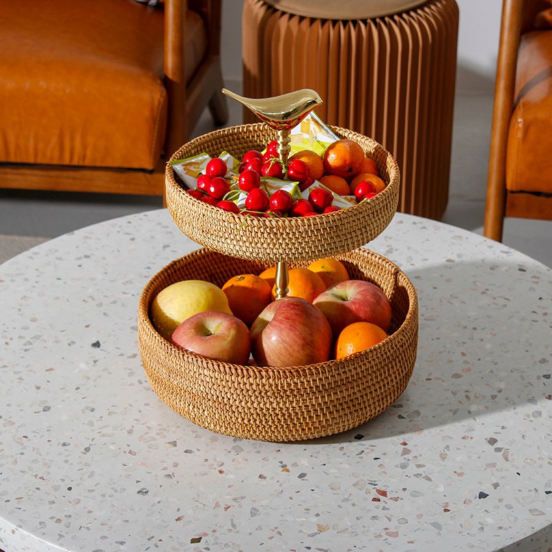 Retro Handmade Rattan Snack Double-layer Fruit Basket