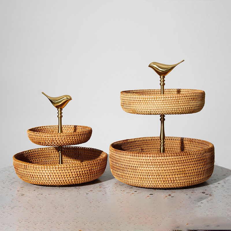 Retro Handmade Rattan Snack Double-layer Fruit Basket