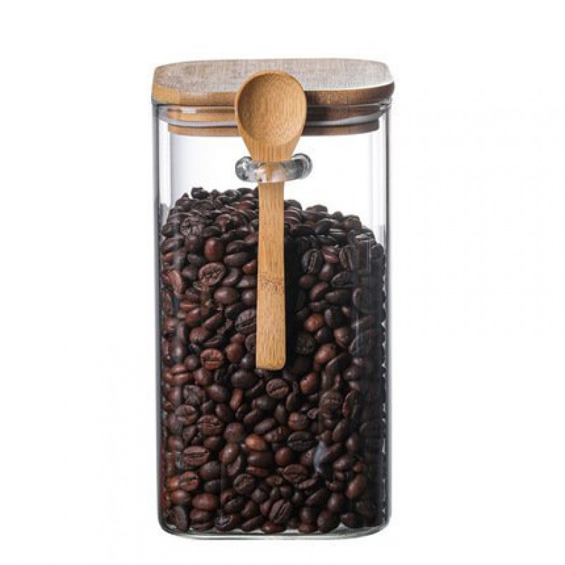 Square Glass Home Coffee Beans With Wooden Spoon Kitchen Glass Storage Jar