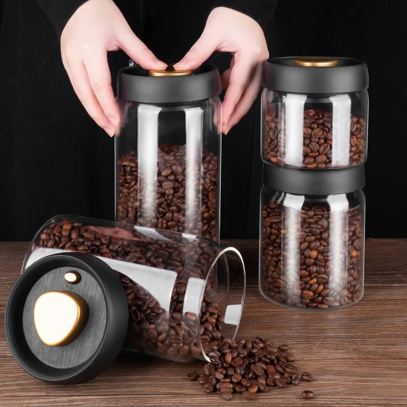Vacuum Sealed Jug Set Black Coffee Beans Glass Air...