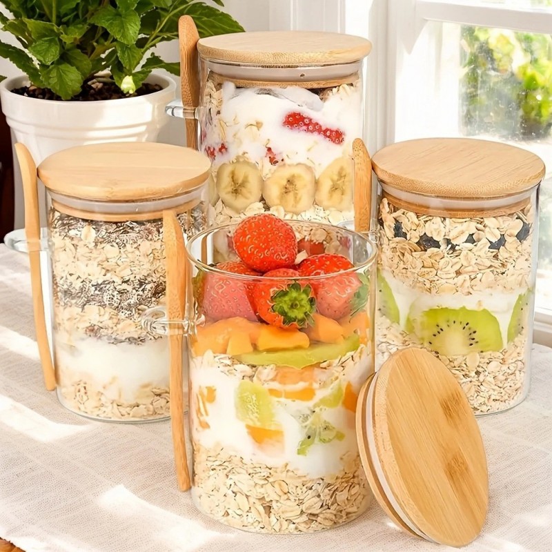 Yogurt Oatmeal With Spoon And Lid Sealed Jar Kitch...
