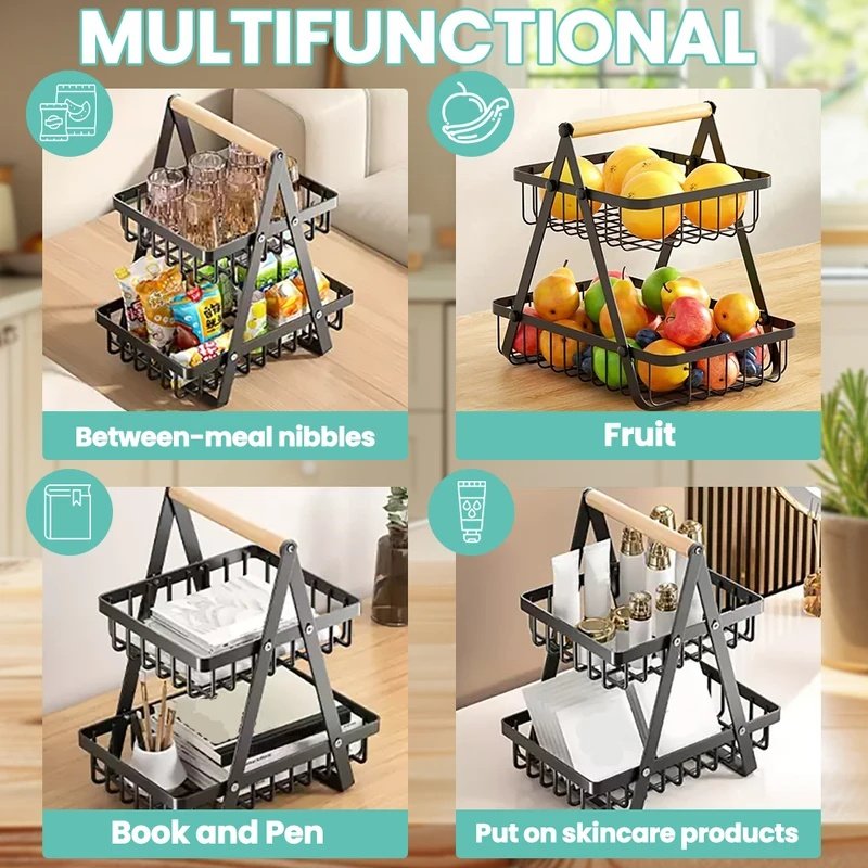 2-Tier Fruit Basket ,Fruit Bowl Holder Bread Basket Vegetable Rack, Detachable Fruit Holder for Fruit, Vegetables, Snacks