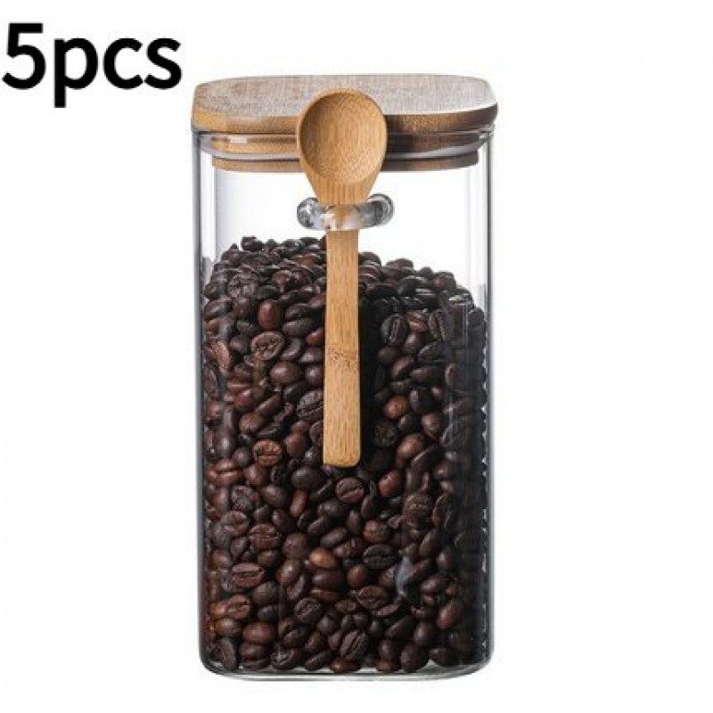 Square Glass Home Coffee Beans With Wooden Spoon Kitchen Glass Storage Jar