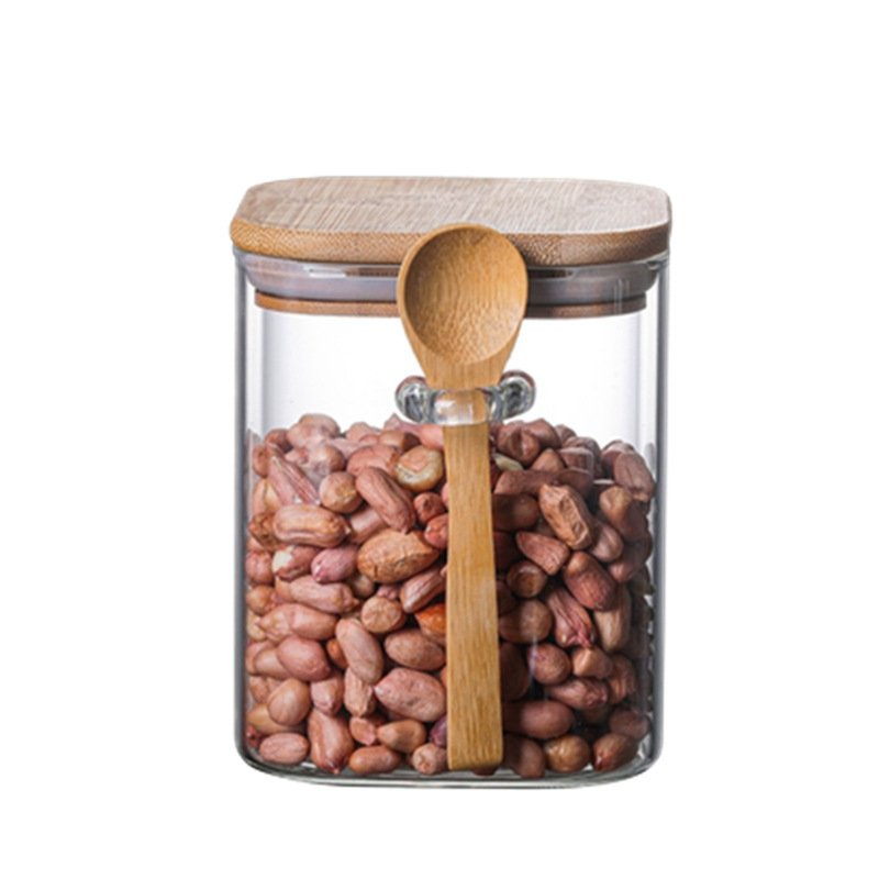 Square Glass Home Coffee Beans With Wooden Spoon Kitchen Glass Storage Jar